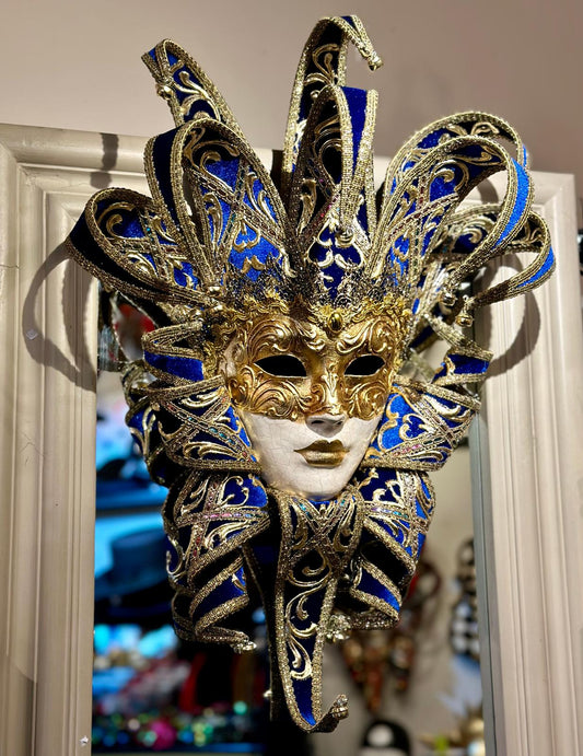 Jester mask in blue and gold velvet - Wearable mask and decoration mask