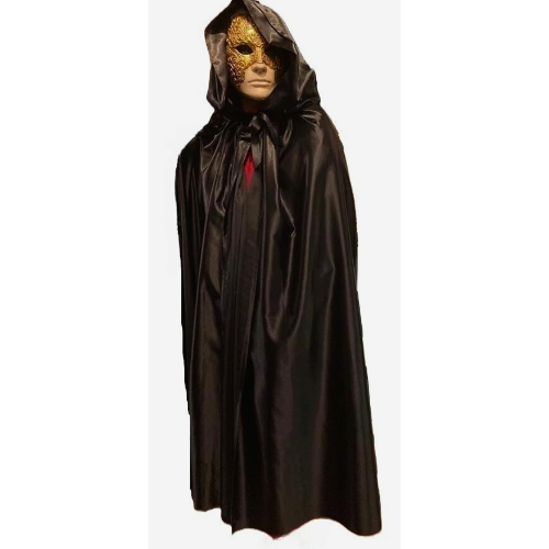 Ensemble masque yeux grands fermés et cape à capuche en satin noir - Tenue Halloween - Tenue de mascarade