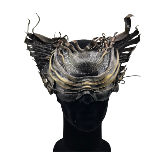 Black leather mask of Némesis: divine justice . With long and inexorable wings . The Greek goddess of revenge. Handcrafted Leather Mask.